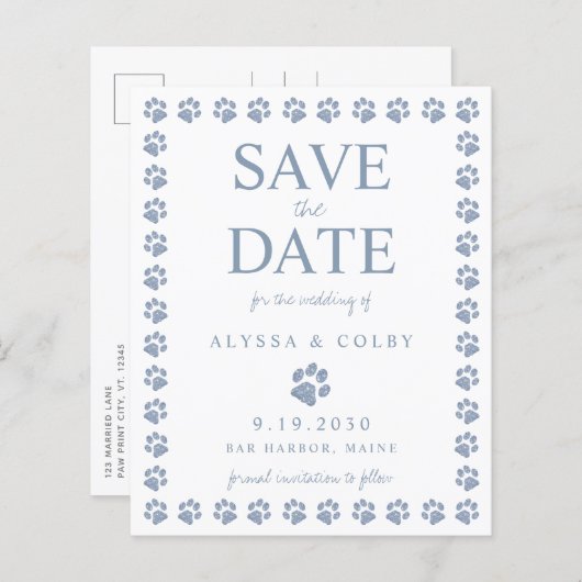 Dusty Blue Paw Print Save the Date Briefkaart (Voorkant / Achterkant)