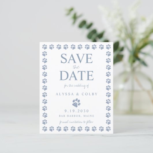 Dusty Blue Paw Print Save the Date Briefkaart (Staand voorkant)