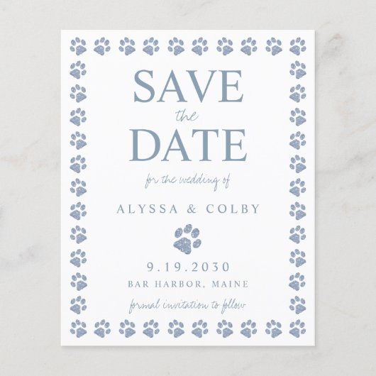 Dusty Blue Paw Print Save the Date Briefkaart (Voorkant)