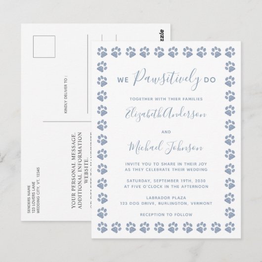 Dusty Blue Paw Prints Wedding Invitation Briefkaar Briefkaart (Voorkant / Achterkant)