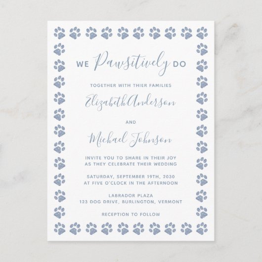 Dusty Blue Paw Prints Wedding Invitation Briefkaar Briefkaart (Voorkant)