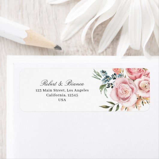 Dusty Blue & Peach Bloemenbruiloft Etiket (Insitu)