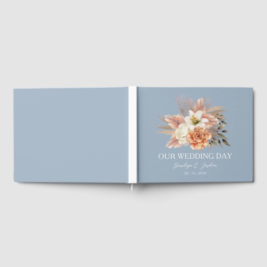 Dusty Blue Peach Bloemenbruiloft Gastenboek (Volledig)