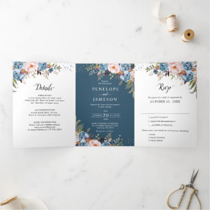 Dusty Blue Peach Blush Boho Wedding Invitation Drieluik Programma