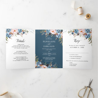 Dusty Blue Peach Blush Boho Wedding Invitation Drieluik Programma