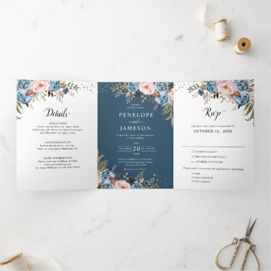 Dusty Blue Peach Blush Boho Wedding Invitation Drieluik Programma (Binnen)