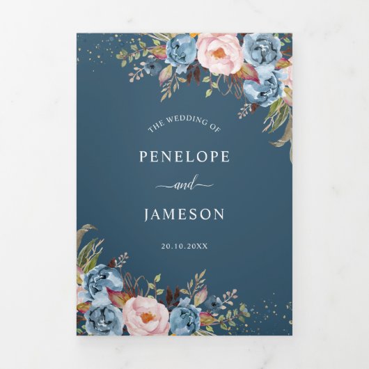 Dusty Blue Peach Blush Boho Wedding Invitation Drieluik Programma (Cover)