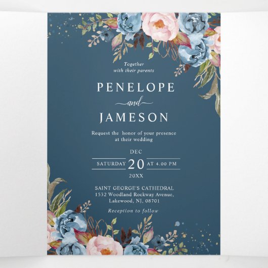 Dusty Blue Peach Blush Boho Wedding Invitation Drieluik Programma (Binnenkant midden)