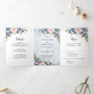 Dusty Blue Peach Blush Boho Wedding Invitation Drieluik Programma