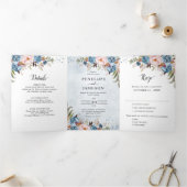 Dusty Blue Peach Blush Boho Wedding Invitation Drieluik Programma (Binnen)