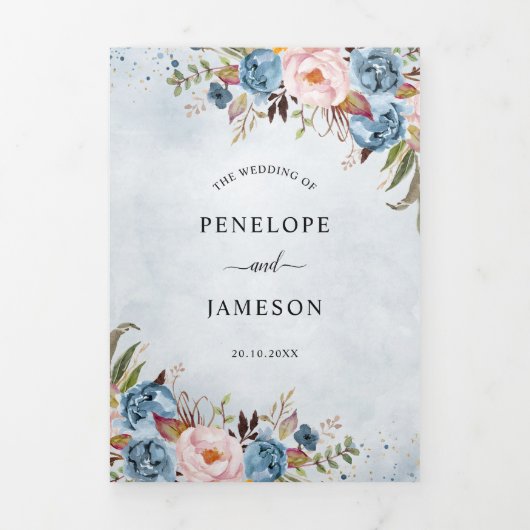 Dusty Blue Peach Blush Boho Wedding Invitation Drieluik Programma (Cover)