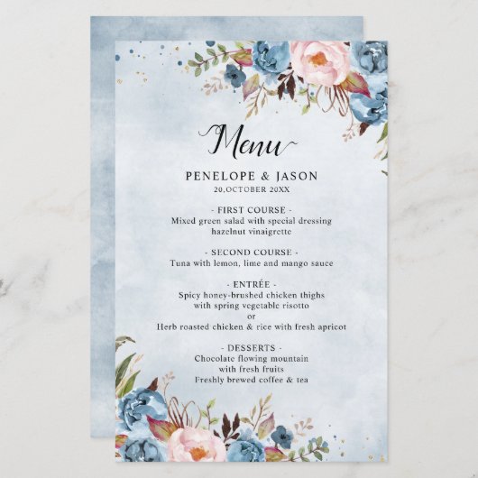 Dusty Blue Peach Blush Botanical Boho Wedding Menu (Voorkant / Achterkant)