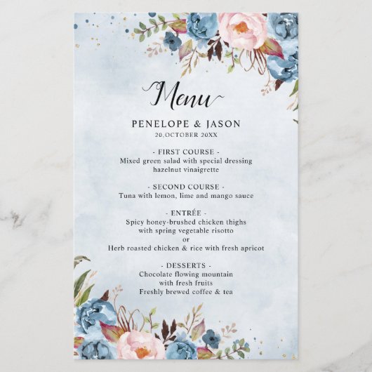 Dusty Blue Peach Blush Botanical Boho Wedding Menu (Voorkant)