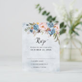 Dusty Blue Peach Blush Botanical Boho Wedding RSVP Briefkaart (Staand voorkant)