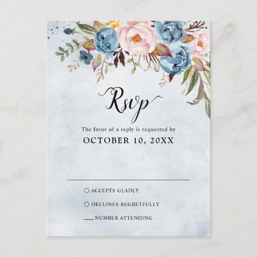 Dusty Blue Peach Blush Botanical Boho Wedding RSVP Briefkaart (Voorkant)