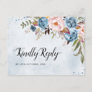 Dusty Blue Peach Blush Botanical Boho Wedding RSVP Briefkaart