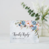 Dusty Blue Peach Blush Botanical Boho Wedding RSVP Briefkaart (Staand voorkant)
