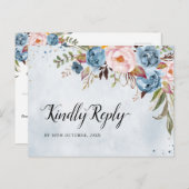 Dusty Blue Peach Blush Botanical Boho Wedding RSVP Briefkaart (Voorkant / Achterkant)