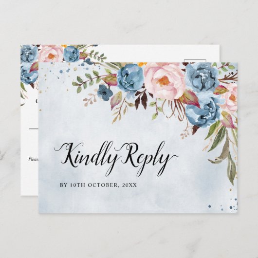 Dusty Blue Peach Blush Botanical Boho Wedding RSVP Briefkaart (Voorkant / Achterkant)