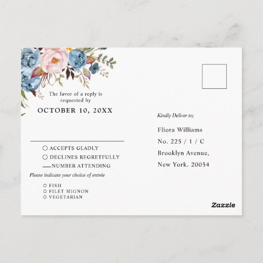 Dusty Blue Peach Blush Botanical Boho Wedding RSVP Briefkaart (Achterkant)