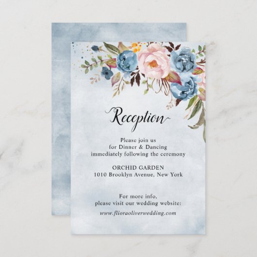 Dusty Blue Peach Blush Botanical Floral Wedding Informatiekaartje (Voorkant / Achterkant)
