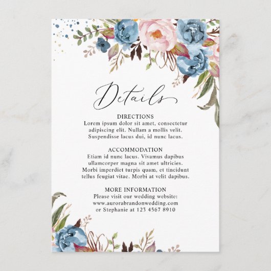 Dusty Blue Peach Blush Botanical Floral Wedding Informatiekaartje (Voorkant)