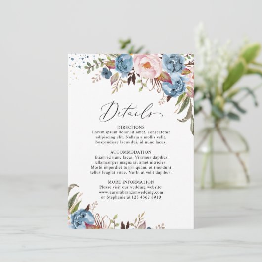 Dusty Blue Peach Blush Botanical Floral Wedding Informatiekaartje (Staand voorkant)