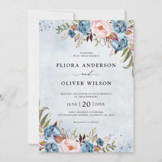 Dusty Blue Peach Blush Botanical Floral Wedding Kaart (Voorkant)