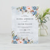 Dusty Blue Peach Blush Botanical Floral Wedding Kaart (Staand voorkant)