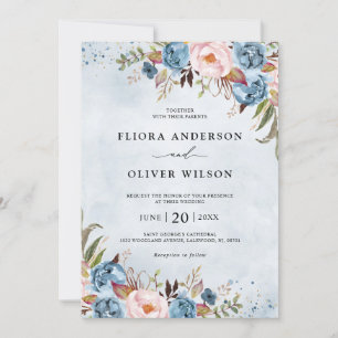 Dusty Blue Peach Blush Botanical Floral Wedding Kaart