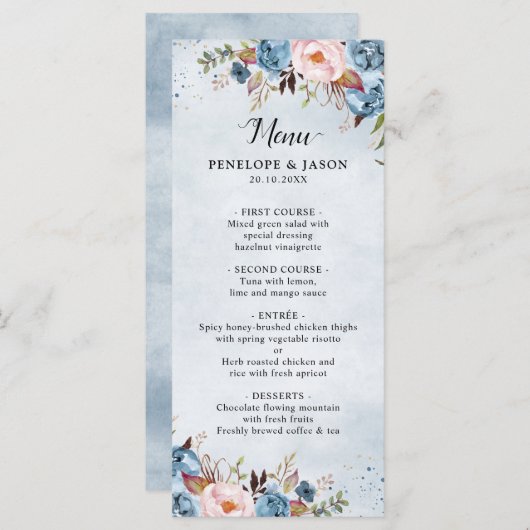 Dusty Blue Peach Blush Botanical Floral Wedding Menu (Voorkant / Achterkant)