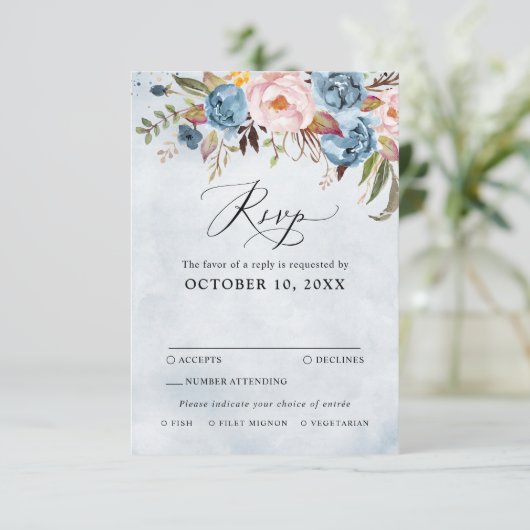 Dusty Blue Peach Blush Botanical Floral Wedding RS RSVP Kaartje (Staand voorkant)
