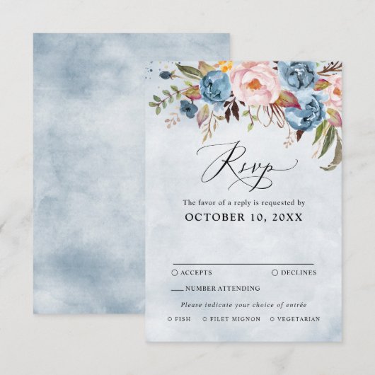 Dusty Blue Peach Blush Botanical Floral Wedding RS RSVP Kaartje (Voorkant / Achterkant)