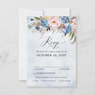 Dusty Blue Peach Blush Botanical Floral Wedding RS RSVP Kaartje