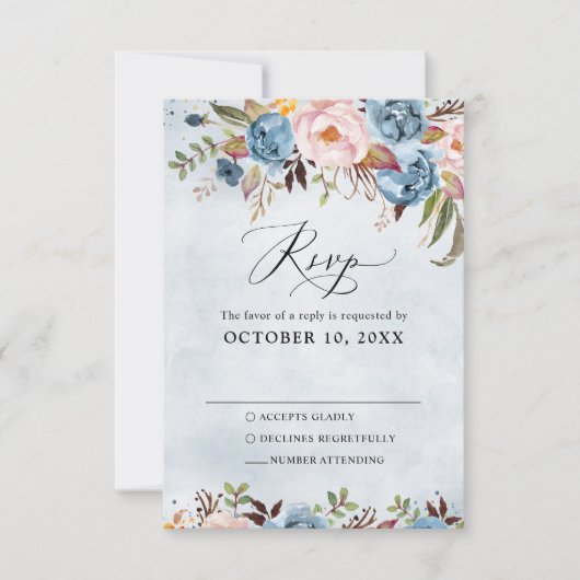 Dusty Blue Peach Blush Botanical Floral Wedding RSVP Kaartje (Voorkant)