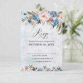 Dusty Blue Peach Blush Botanical Floral Wedding RSVP Kaartje (Staand voorkant)
