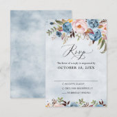 Dusty Blue Peach Blush Botanical Floral Wedding RSVP Kaartje (Voorkant / Achterkant)