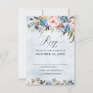 Dusty Blue Peach Blush Botanical Floral Wedding RSVP Kaartje