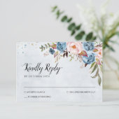 Dusty Blue Peach Blush Botanical Floral Wedding RSVP Kaartje (Staand voorkant)