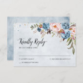 Dusty Blue Peach Blush Botanical Floral Wedding RSVP Kaartje (Voorkant / Achterkant)