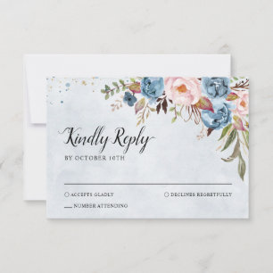 Dusty Blue Peach Blush Botanical Floral Wedding RSVP Kaartje