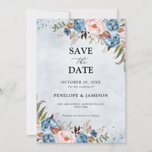 Dusty Blue Peach Blush Botanical Floral Wedding Sa Save The Date (Voorkant)