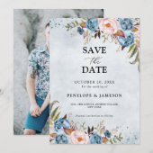Dusty Blue Peach Blush Botanical Floral Wedding Sa Save The Date (Voorkant / Achterkant)