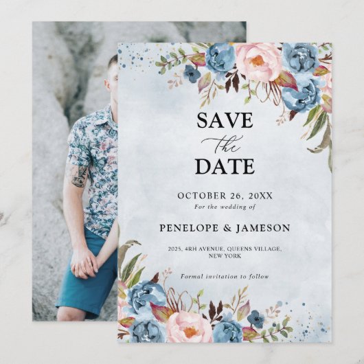Dusty Blue Peach Blush Botanical Floral Wedding Sa Save The Date (Voorkant / Achterkant)