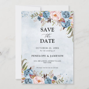 Dusty Blue Peach Blush Botanical Floral Wedding Sa Save The Date