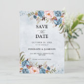 Dusty Blue Peach Blush Botanical Floral Wedding Save The Date (Staand voorkant)