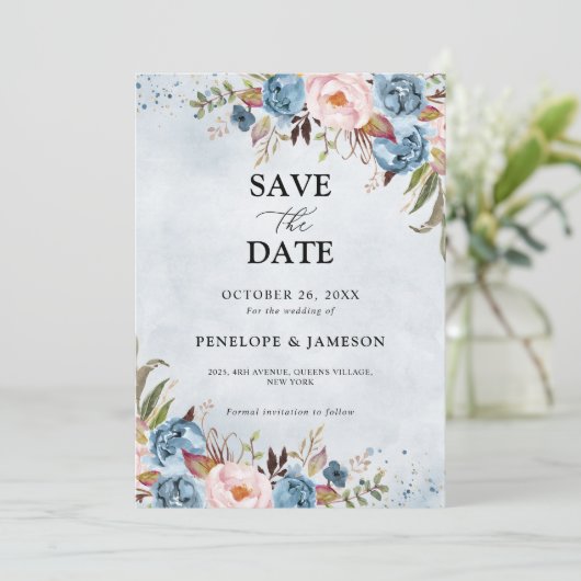 Dusty Blue Peach Blush Botanical Floral Wedding Save The Date (Staand voorkant)