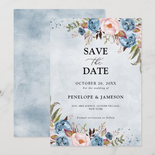 Dusty Blue Peach Blush Botanical Floral Wedding Save The Date (Voorkant / Achterkant)