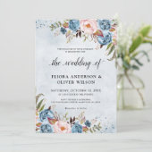 Dusty Blue Peach Blush Botanical Floral Wedin Kaart (Staand voorkant)