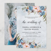 Dusty Blue Peach Blush Botanical Floral Wedin Kaart (Voorkant / Achterkant)